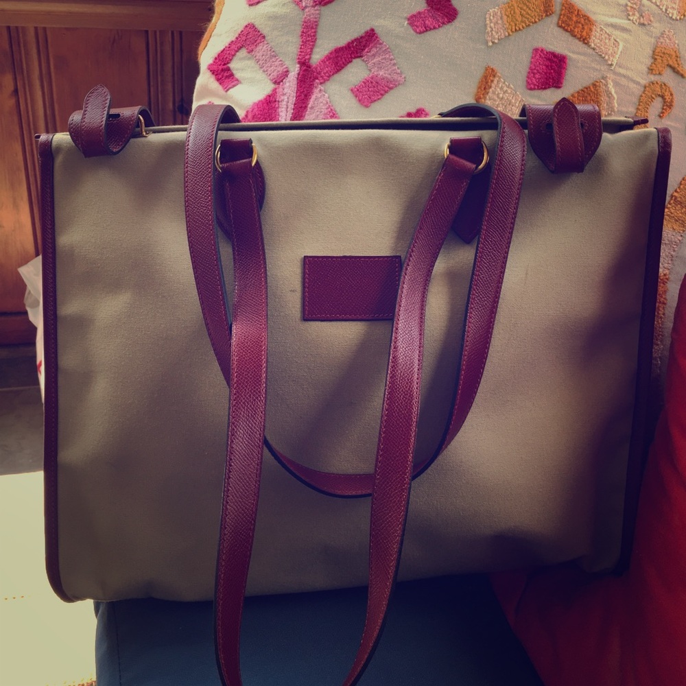 Hermès canvas with red leather briefcase